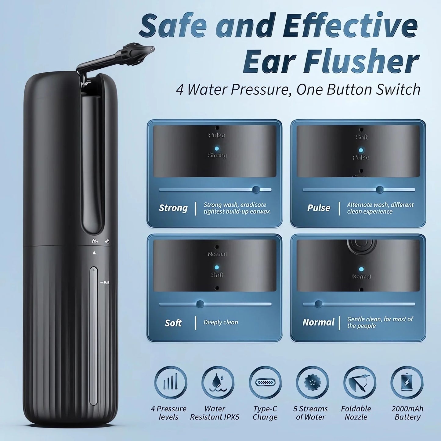 Water Powered Ear Wax Removal Tool Kit – Electric Ear Cleaner with 10 Tips, Rechargeable, Waterproof, Safe & Effective