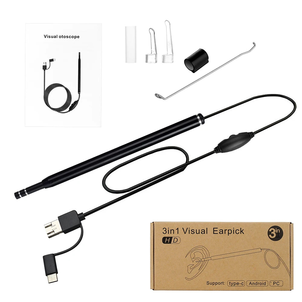3-in-1 HD Ear Cleaning Endoscope Camera - Visual Ear Cleaner with 720P HD, Adjustable LED, Compatible with Android, Windows & MAC