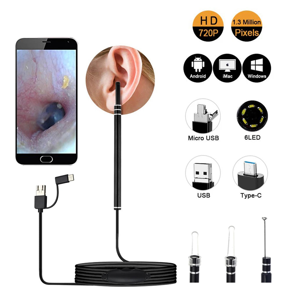 3-in-1 HD Ear Cleaning Endoscope Camera - Visual Ear Cleaner with 720P HD, Adjustable LED, Compatible with Android, Windows & MAC